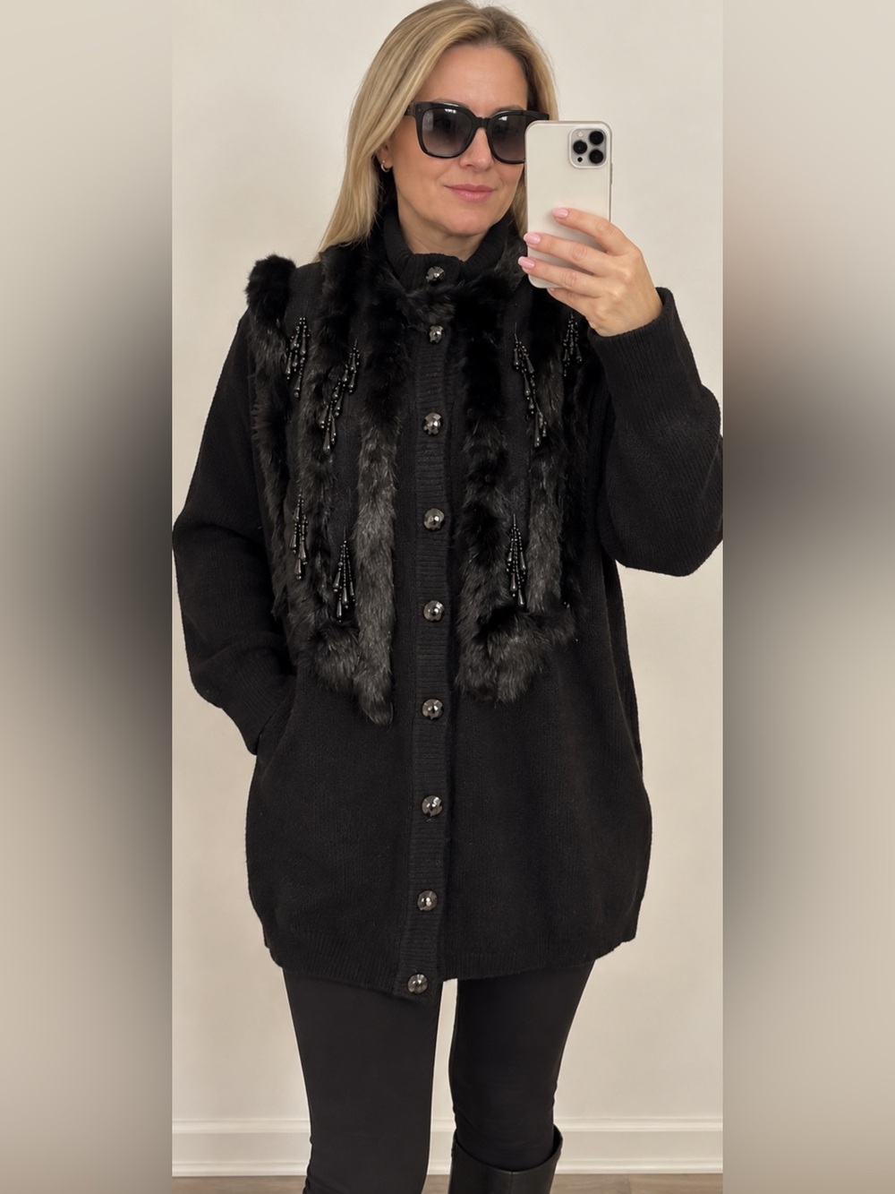 Beta’s Choice Black Fur Trim Embellished Long Cardigan
